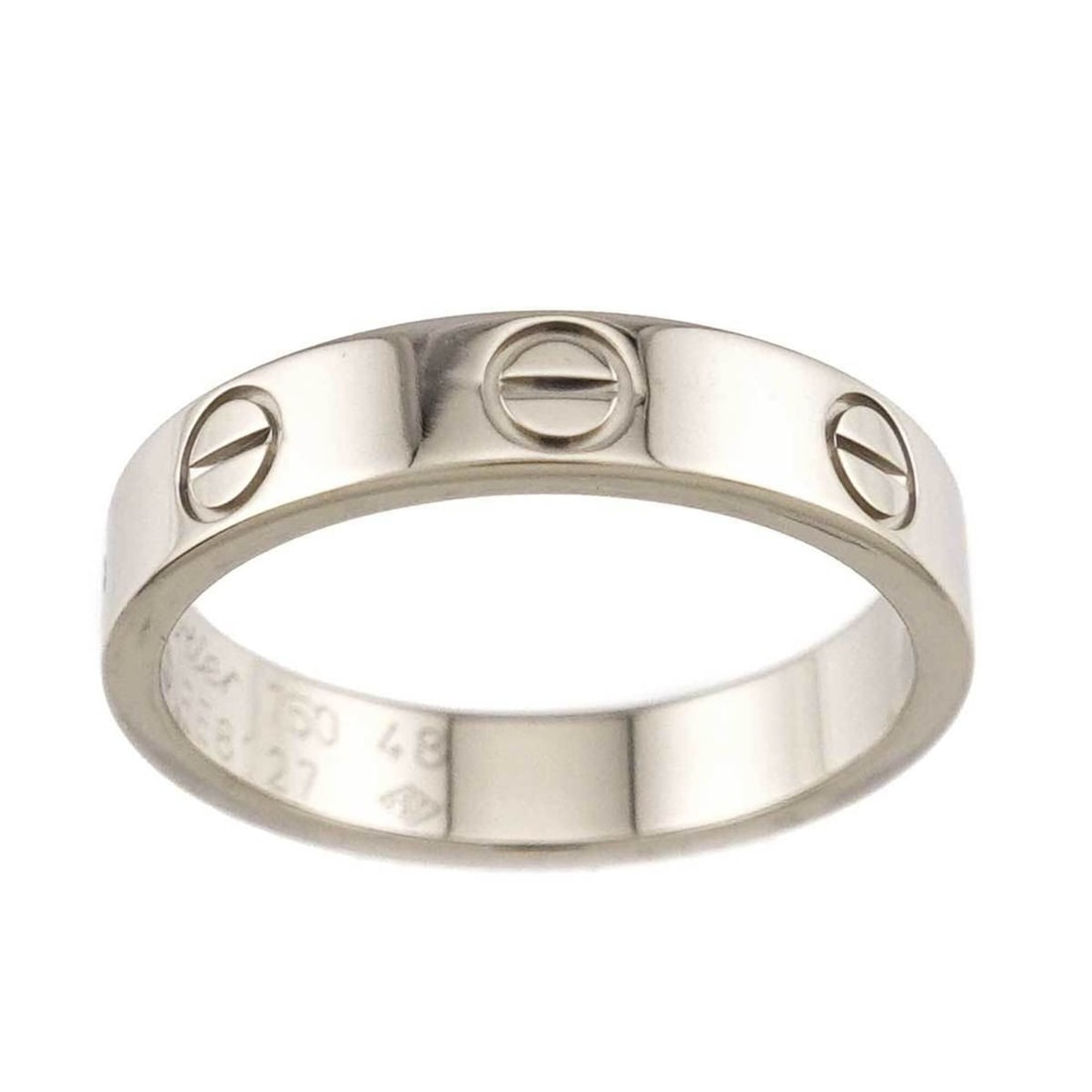 Cartier Mini Love Ring #48, 18K WG (White Gold 750): --- Catalog ---Category: SizeUS Size: 4.5Brand Size: 48Category: DesignType: Band ringGender: WomenMaterial: White gold (18K)Category: GeneralBrand: Cartier--- Item List ---Section: ConditionRanking: 