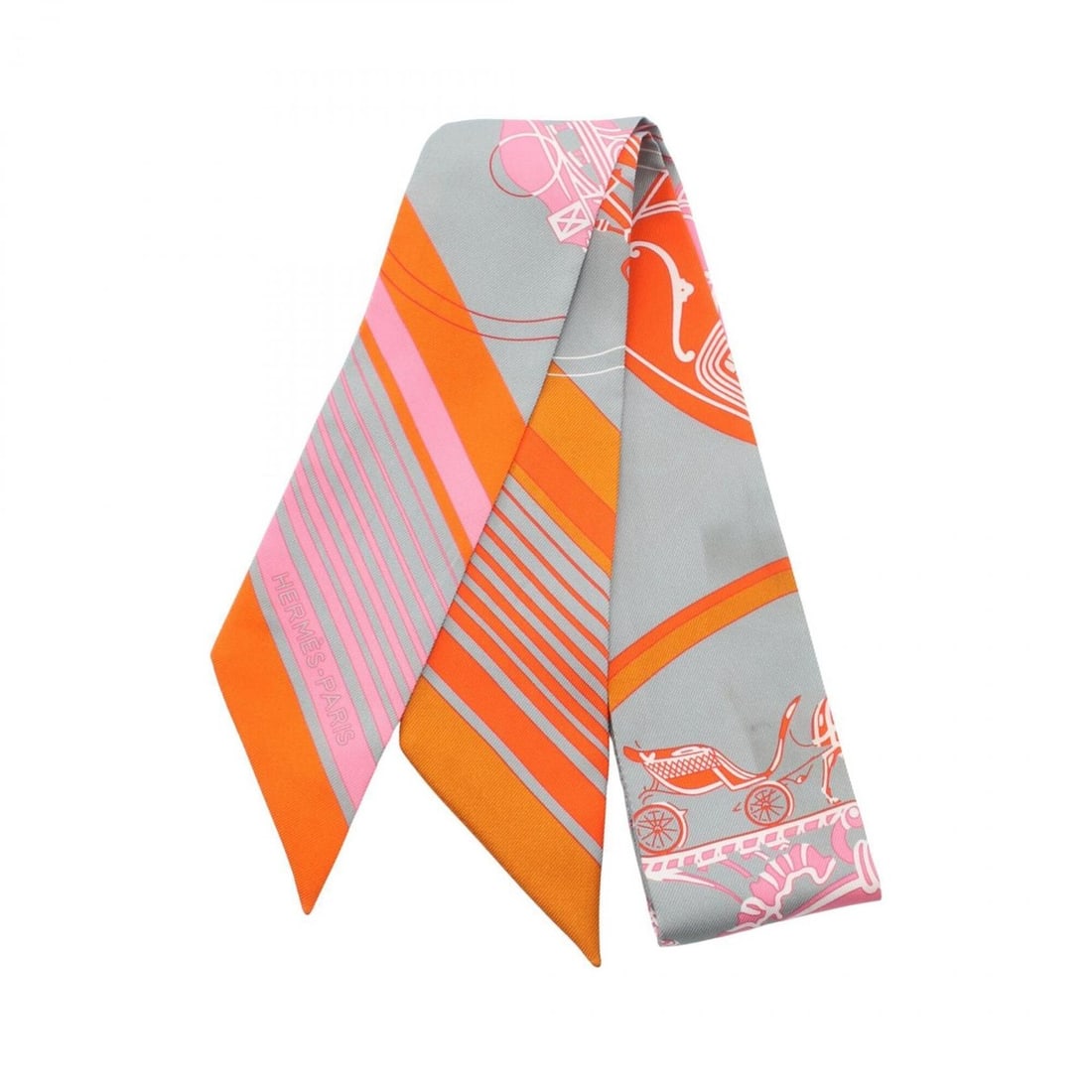 Hermes Twilly EX-LIBRIS Ribbon Scarf Muffler Silk Women's Gray Orange Pink (1 of 16)