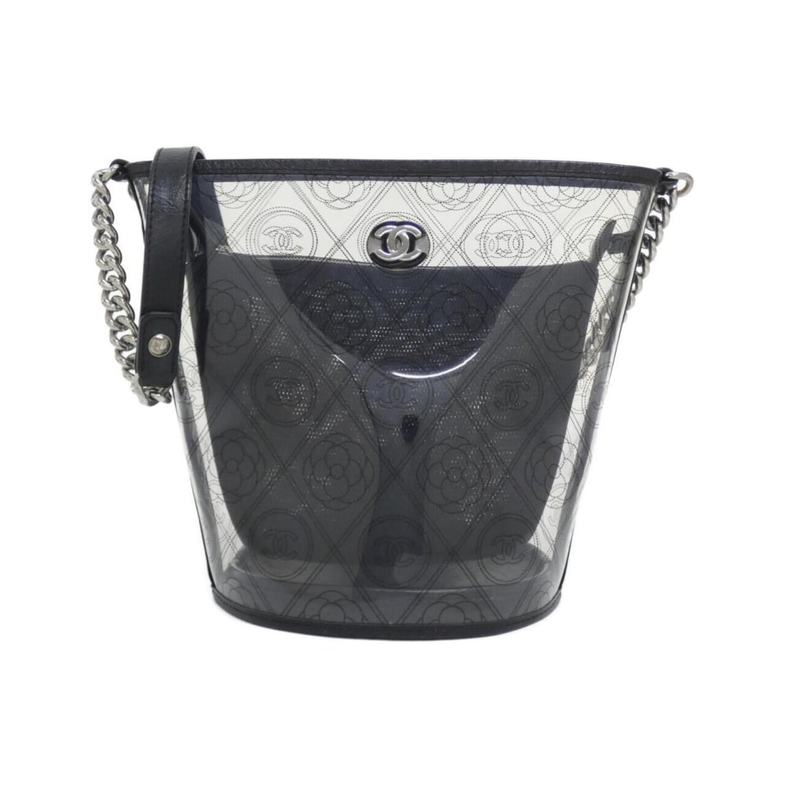 Chanel 57637 Shoulder Bag: --- Catalog ---Category: SizeSize (HxWxD): 24cm x 20cm x 16cm / 9.44'' x 7.87'' x 6.29''Category: DesignType: Pouch, Shoulder bagColor: Black, ClearGender: Women,MenMaterial: PVC Hardware Color: