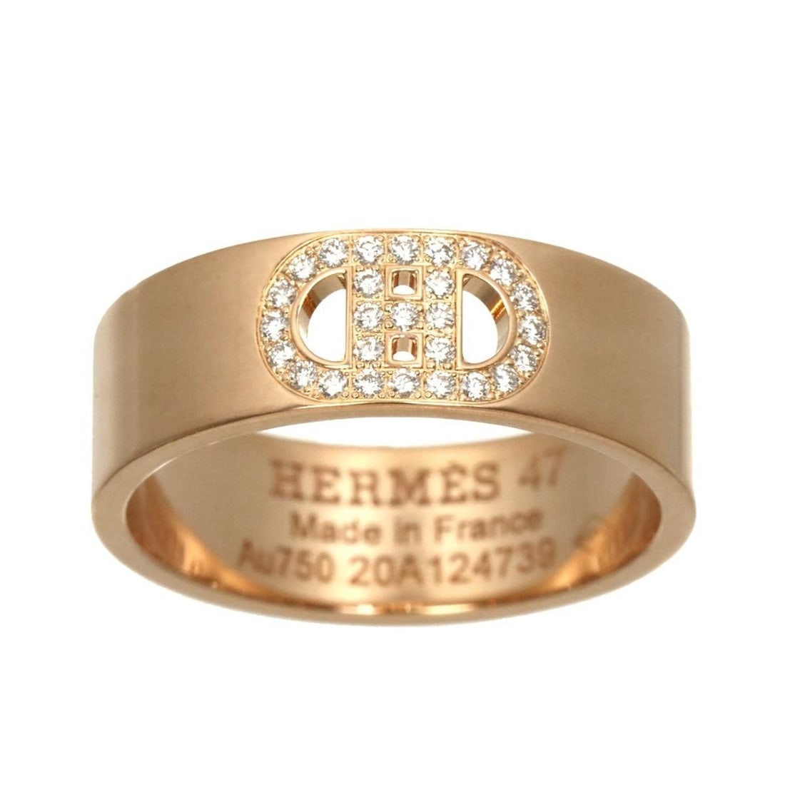 Hermes H Dunkle #47 Ring with Diamonds, 18K Pink Gold (750): --- Catalog ---Category: SizeUS Size: 4Brand Size: 47Category: DesignType: Band ringGender: WomenMaterial: Pink gold (18K)Category: GeneralBrand: Hermes--- Item List ---Section: ConditionRanking: