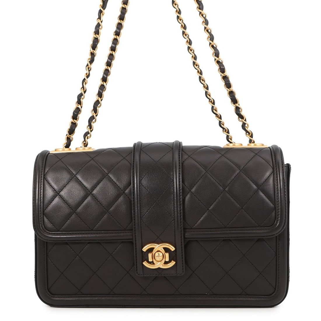 Chanel Chain Shoulder Bag, Matelassé, Coco Mark, Flap, Lambskin, CHANEL 2-way Black, Handbag, (1 of 18)