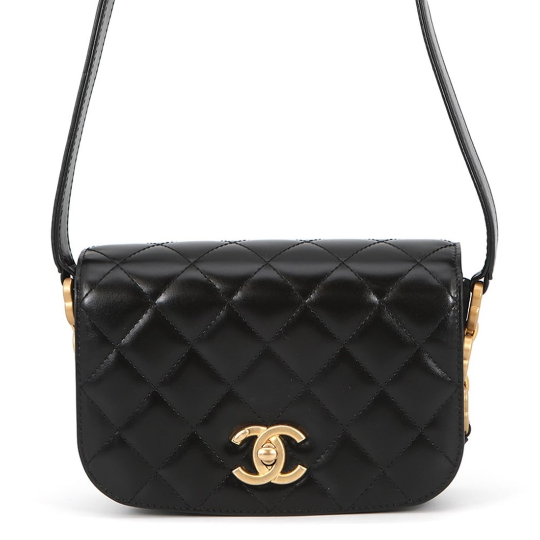 Chanel Chain Shoulder Bag, Full Flap, Matelassé, Coco Mark, Shiny Calfskin Suede, AS3402, Black, (1 of 15)
