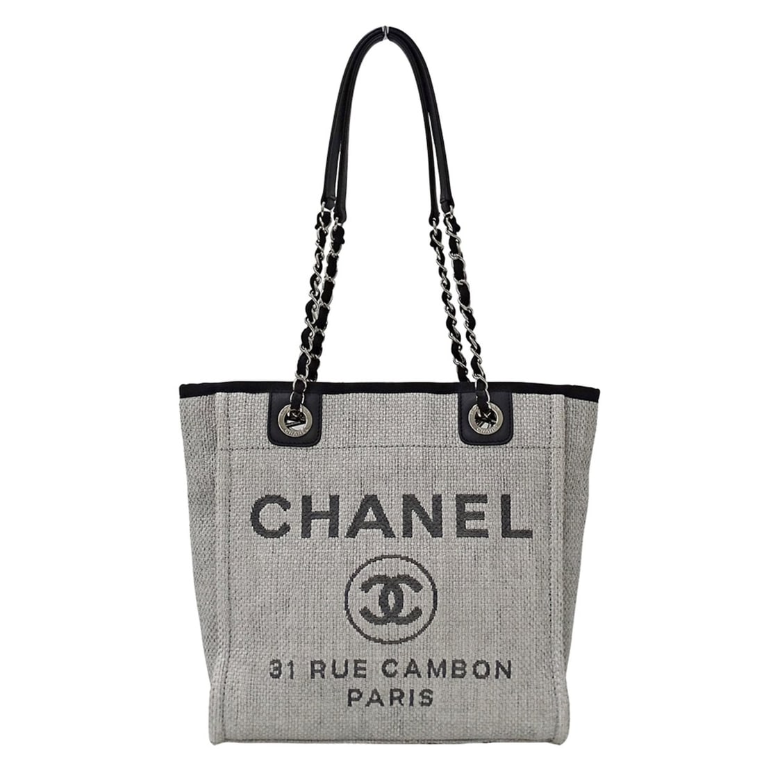 Chanel Deauville Tote PM Women's Handbag, Raffia, Gray, Silver Hardware, Chain: --- Catalog ---Category: SizeSize (HxWxD): 26cm x 25cm x 11.5cm / 10.23'' x 9.84'' x 4.52''Category: DesignType: Handbag, Tote bagColor: GrayGender: WomenMaterial: Raffia Category: GeneralBrand: Chane