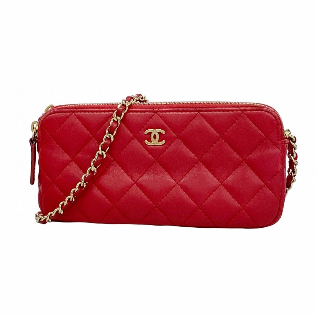 Chanel Matelassé Chain Shoulder Bag, Lambskin, Red Champagne, Women's, OP005419: --- Catalog ---Category: SizeSize (HxWxD): 9cm x 18cm x 2.5cm / 3.54'' x 7.08'' x 0.98''Category: DesignType: Shoulder bagColor: Red colorGender: WomenMaterial: Leather Leather/Fur Type: LambskinCateg