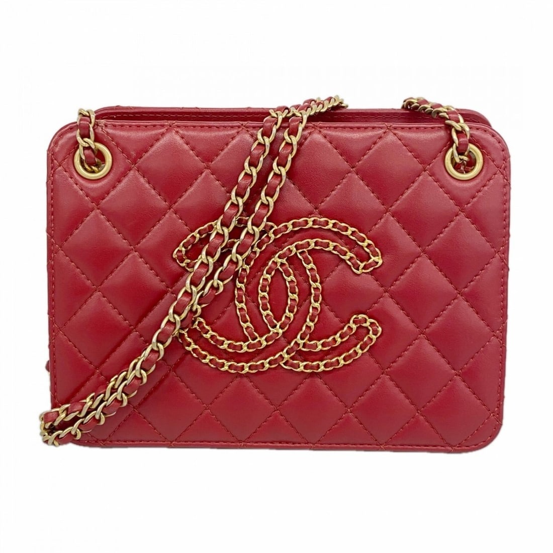 Chanel Matelassé Chain Shoulder Bag, Lambskin, Red, Women's, OP004063 (1 of 16)