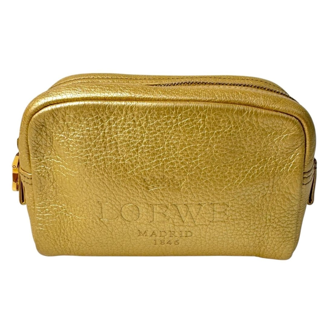 Loewe Heritage Gold Leather Cosmetic Pouch/Accessory Case for Women: --- Catalog ---Category: SizeSize (HxWxD): 11cm x 13cm x 4.5cm / 4.33'' x 5.11'' x 1.77''Category: DesignType: PouchColor: GoldGender: WomenCategory: GeneralBrand: Loewe--- Item List ---Section: Condi