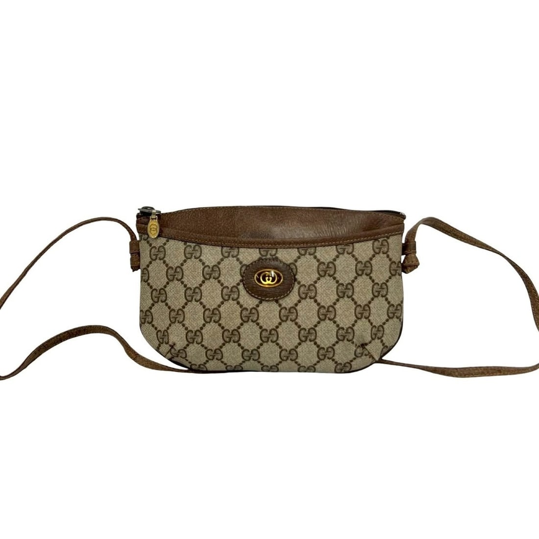 GUCCI Vintage GG Logo Leather Mini Shoulder Bag/Pouch, Brown, 15910: --- Catalog ---Category: SizeSize (HxWxD): 14cm x 23cm / 5.51'' x 9.05''Category: DesignType: Pochette, Shoulder bagColor: BrownGender: WomenMaterial: PVC , Leather Category: GeneralBrand: Gucci--- It
