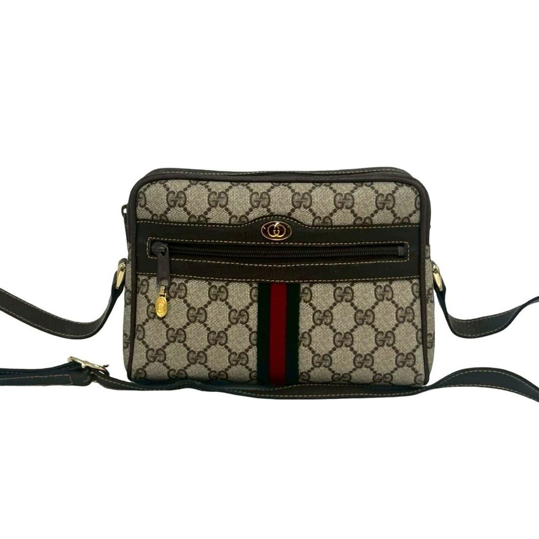 GUCCI Vintage Sherry Line GG Logo Leather Shoulder Bag, Brown, 23314: --- Catalog ---Category: SizeSize (HxWxD): 16cm x 22cm x 6.5cm / 6.29'' x 8.66'' x 2.55''Category: DesignType: Shoulder bagColor: Brown, Green, Red colorGender: WomenMaterial: PVC , Leather Category: 