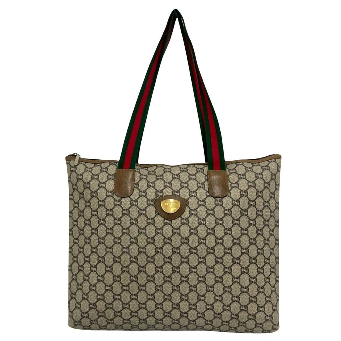 GUCCI Vintage Sherry Line GG Logo Leather Tote Bag/Shoulder Bag (Brown, 71058): --- Catalog ---Category: SizeSize (HxWxD): 30.5cm x 40cm x 9.5cm / 12'' x 15.74'' x 3.74''Category: DesignType: Shoulder bag, Tote bagColor: Brown, Green, Red colorGender: WomenMaterial: PVC , Leather