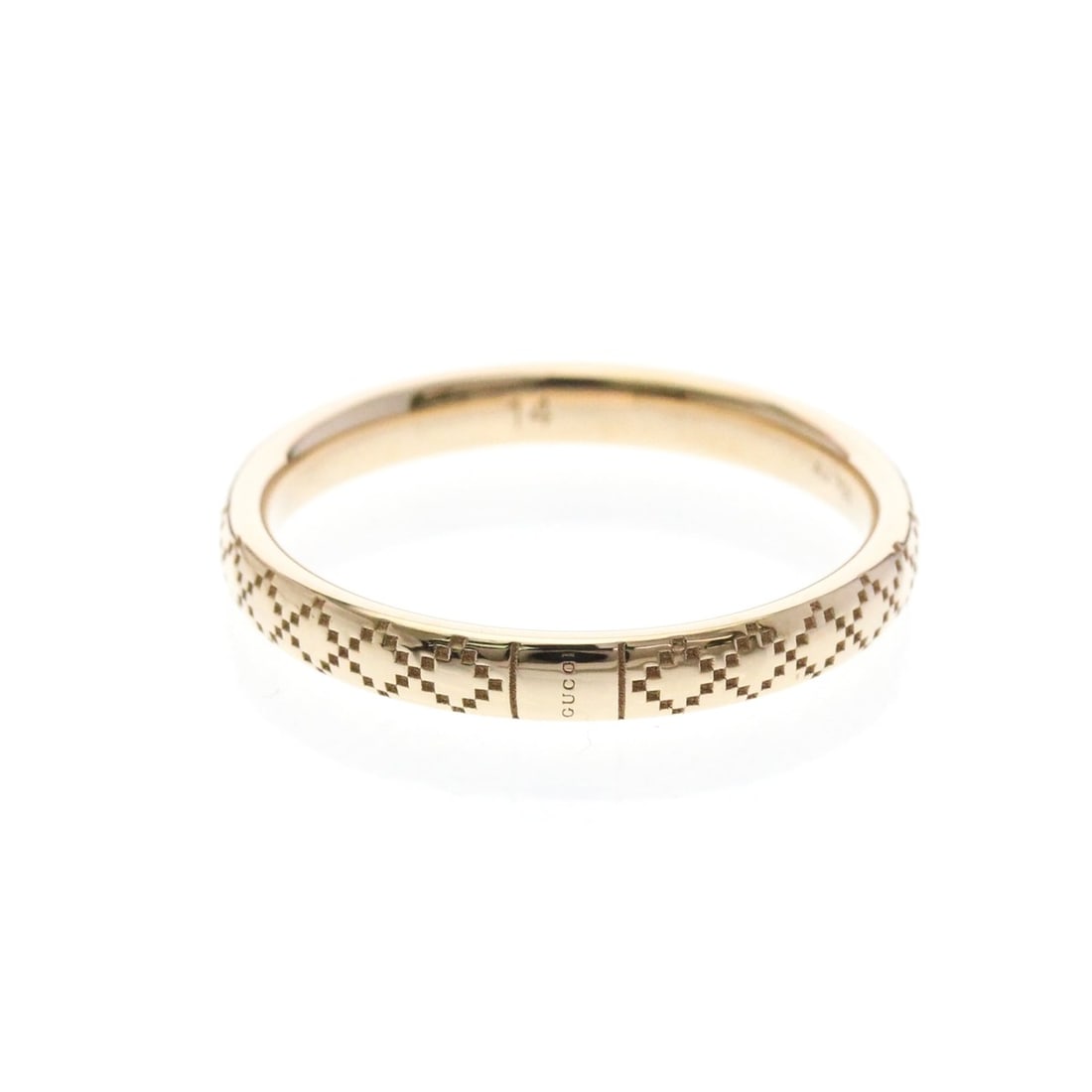 Gucci Diamantissima Ring Pink Gold (18K) Fashion No Stone Band Ring Pink Gold: --- Catalog ---Category: SizeWidth: 2.6mm / 0.1''Weight: 3g / 0.1oz.JP Size: 14US Size: 7Category: DesignType: Band ringColor: Pink goldMetal: GoldStone: No StoneStyle: FashionGender: Men,WomenMateria