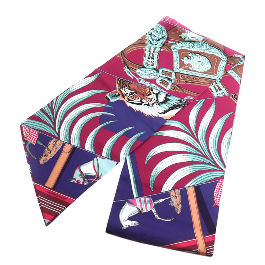 HERMES Hermes Horse Blanket King Tiger Brides de Gala Maxi Twilly Scarf Muffler Pink Purple Multi: --- Catalog ---Category: SizeSize (LxW): 20cm x 2.15m / 7.87'' x 84.64''Category: DesignType: ScarfColor: Multi-color, Pink, PurpleGender: WomenMaterial: Silk Category: GeneralBrand: HermesCountry of 