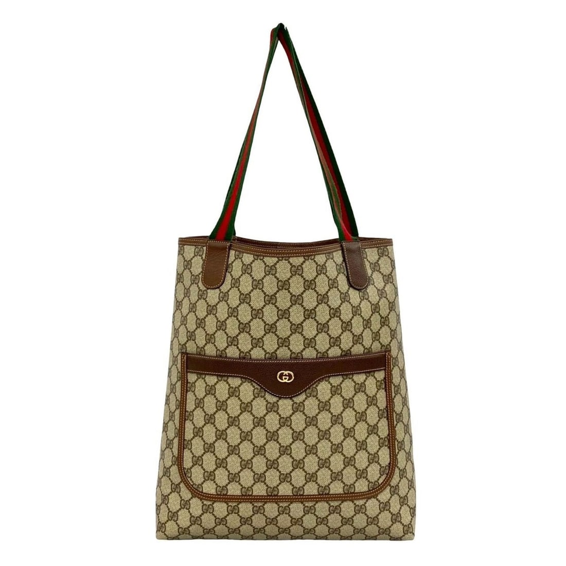 GUCCI Old Gucci Sherry Line GG Logo Pattern Leather Tote Bag Handbag Brown 40623: --- Catalog ---Category: SizeSize (HxWxD): 36cm x 33cm x 9cm / 14.17'' x 12.99'' x 3.54''Category: DesignType: Handbag, Tote bagColor: Brown, Green, Red colorGender: WomenMaterial: Leather , PVC Categ