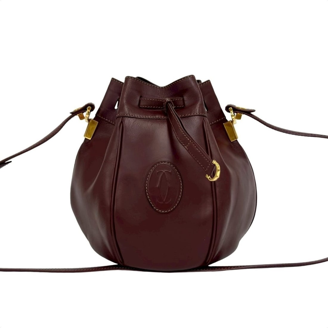 CARTIER Vintage Must Line Logo Leather One Shoulder Bag Drawstring Wine Red 19775 (1 of 10)