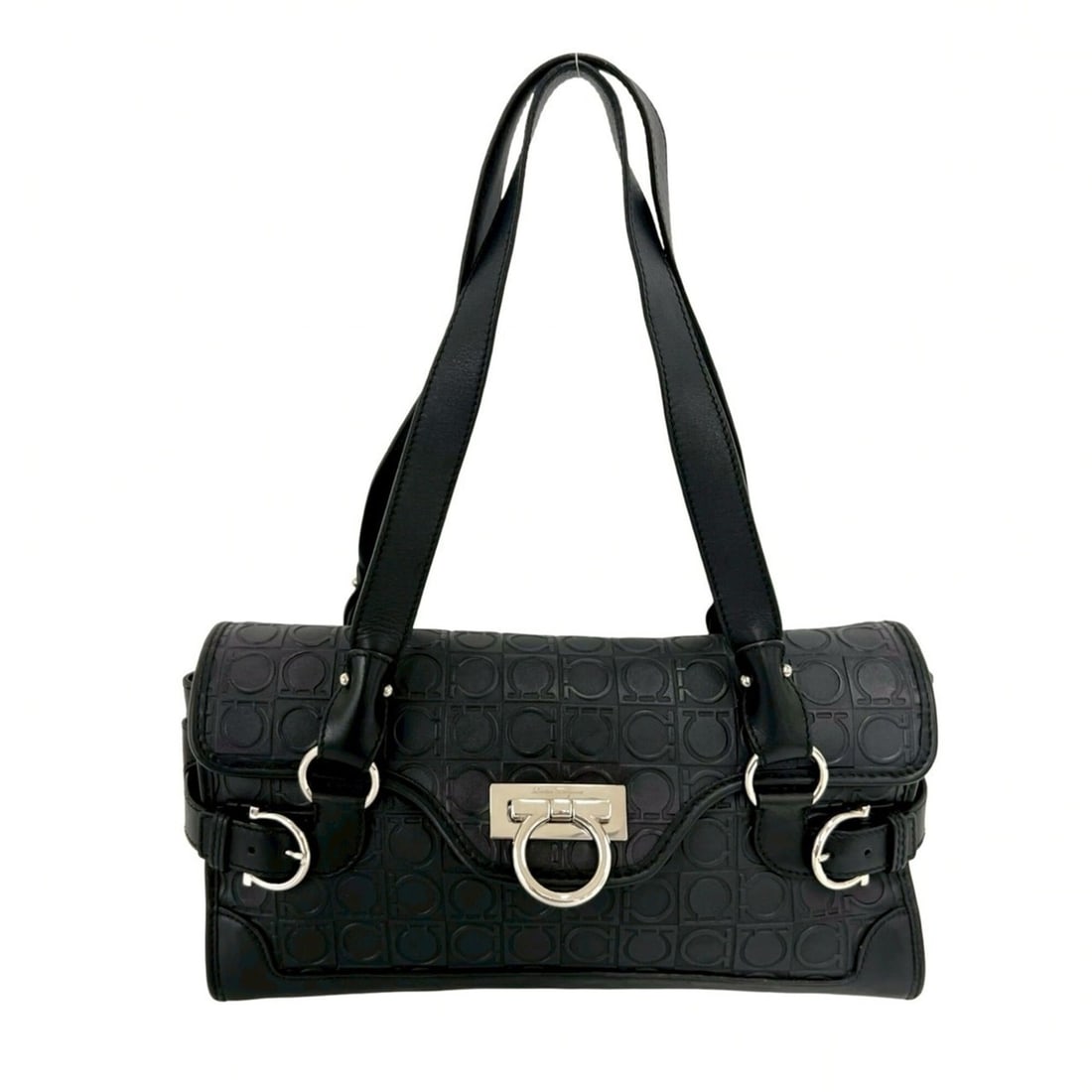 Salvatore Ferragamo Gancini Pattern Leather Handbag Semi-Shoulder Bag Black 56512: --- Catalog ---Category: SizeSize (HxWxD): 18cm x 32cm x 12cm / 7.08'' x 12.59'' x 4.72''Category: DesignType: Handbag, Shoulder bagColor: BlackGender: WomenMaterial: Leather Category: GeneralBrand: S