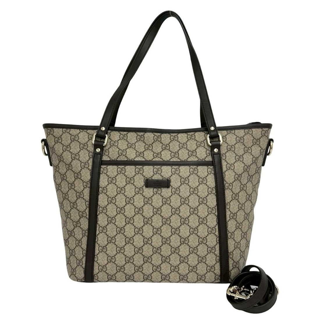 GUCCI GG Supreme Logo Pattern Leather 2-Way Shoulder Bag/Tote Bag/Handbag Brown 20886: --- Catalog ---Category: SizeSize (HxWxD): 27.5cm x 30cm x 8.5cm / 10.82'' x 11.81'' x 3.34''Category: DesignType: Handbag, Shoulder bag, Tote bagColor: BrownGender: WomenMaterial: Leather , Elastane 