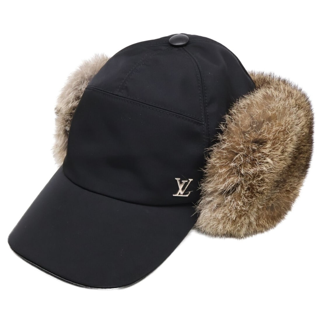 LOUIS VUITTON M70926 Rabbit Fur Nylon Cap Hat 59 Black Women's (1 of 12)