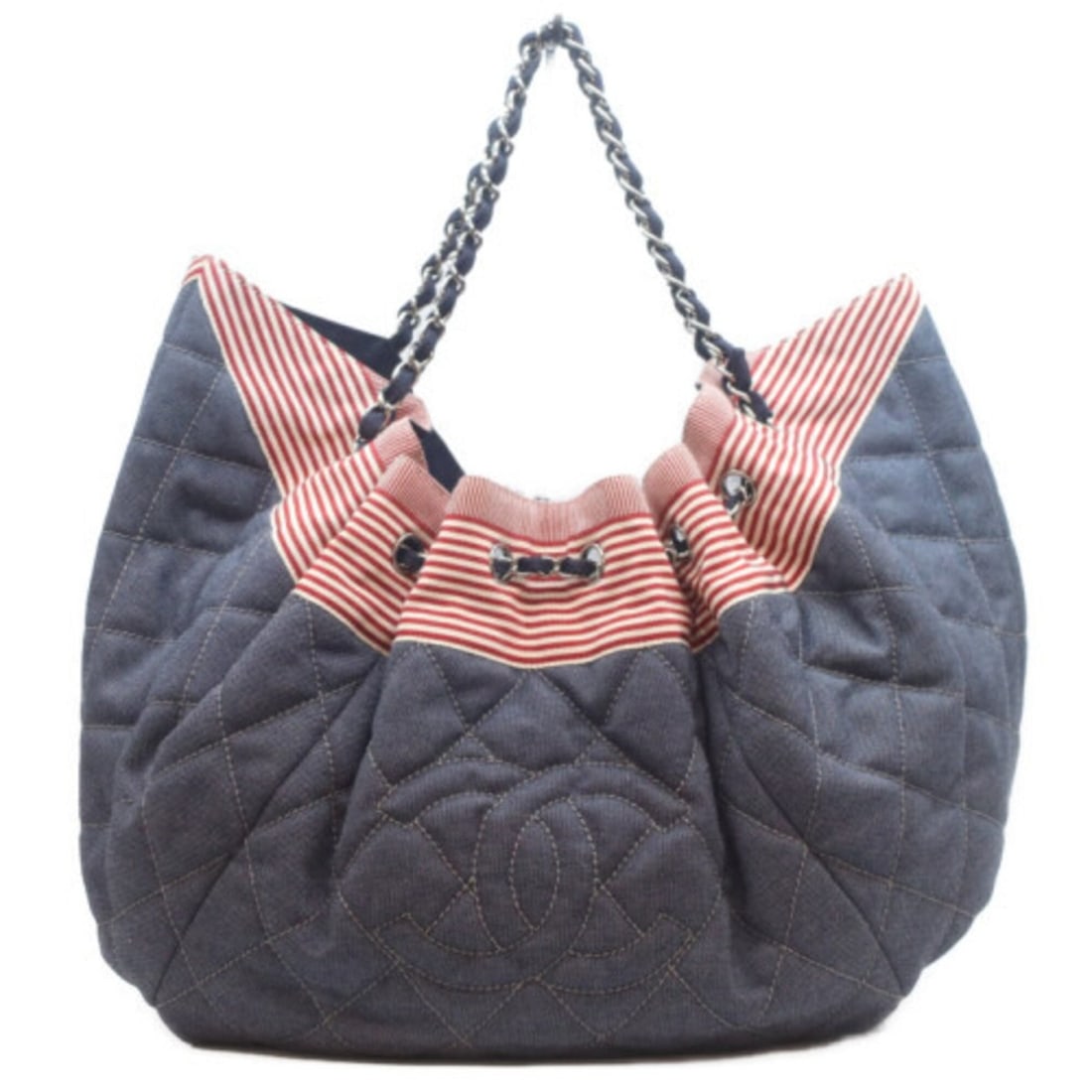 CHANEL Coco Cabas GM Quilted Chain Shoulder Bag, Navy x Red, Silver Hardware, Excellent Condition,: --- Catalog ---Category: SizeSize (HxWxD): 30cm x 49cm x 13cm / 11.81'' x 19.29'' x 5.11''Category: DesignType: Shoulder bagColor: Navy, Red colorGender: WomenMaterial: Canvas Hardware Color: SilverCa