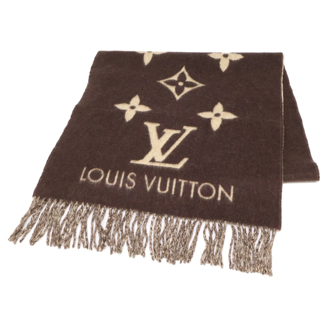 LOUIS VUITTON Echarpe Reykjavik Monogram Cashmere Fringe Stole Scarf Dark Brown Beige Women's (1 of 11)