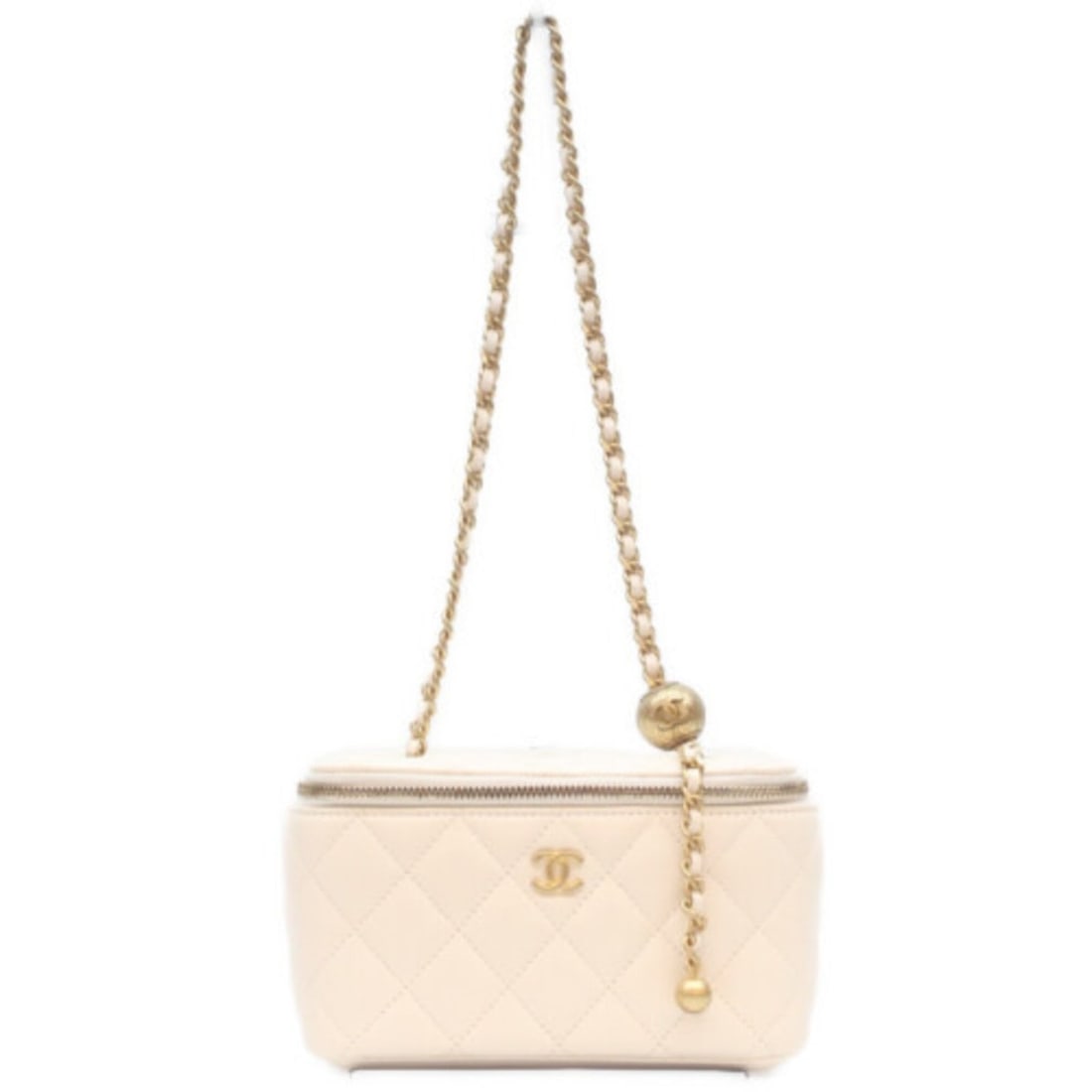 CHANEL Matelassé Coco Ball Vanity Chain Shoulder Bag, White with Gold Hardware, Women's: --- Catalog ---Category: SizeSize (HxWxD): 9.5cm x 16cm x 8cm / 3.74'' x 6.29'' x 3.14''Category: DesignType: Shoulder bag, Vanity bagColor: WhiteGender: WomenMaterial: Leather Hardware Color: GoldLea