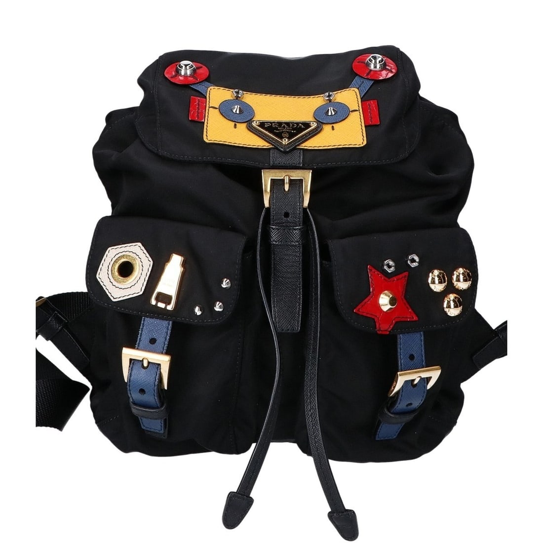 PRADA 1BZ677 Tessuto Nylon Robot Motif Backpack, Black with Gold Hardware, Women's: --- Catalog ---Category: SizeSize (HxWxD): 28cm x 24cm x 12cm / 11.02'' x 9.44'' x 4.72''Category: DesignType: BackpackColor: BlackGender: WomenMaterial: Nylon Hardware Color: GoldCategory: GeneralBra