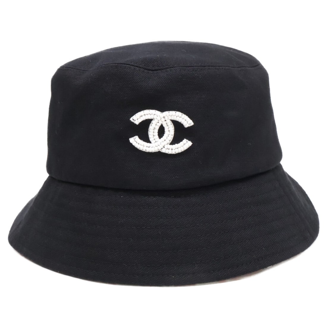 CHANEL (Chanel) Excellent Condition, Domestic Authentic, Beaded Coco Mark Cotton Bucket Hat, Size M, (1 of 10)