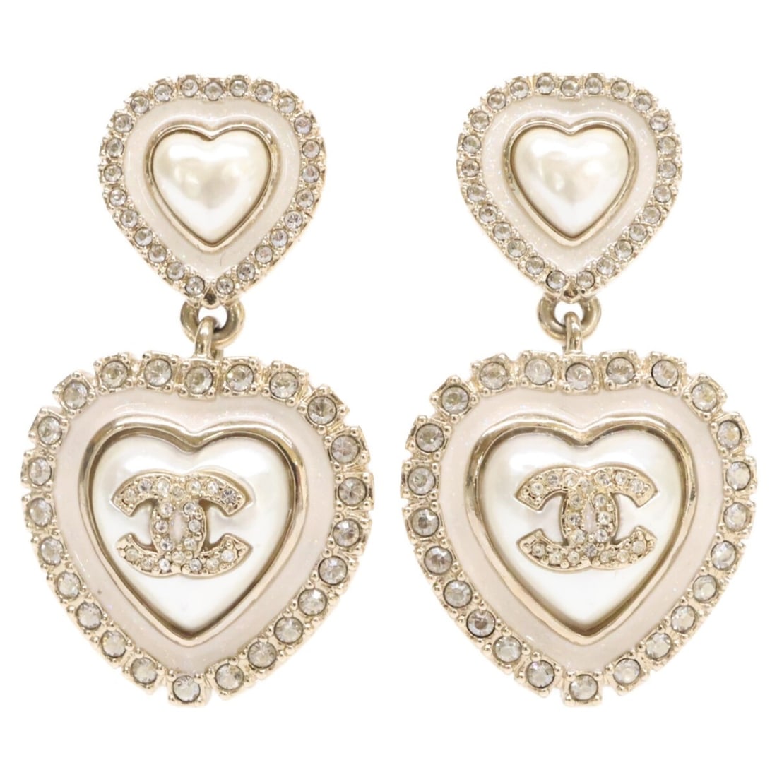 CHANEL C24A Rhinestone Coco Mark Double Heart Pearl Earrings, Champagne Gold, Women's (1 of 8)
