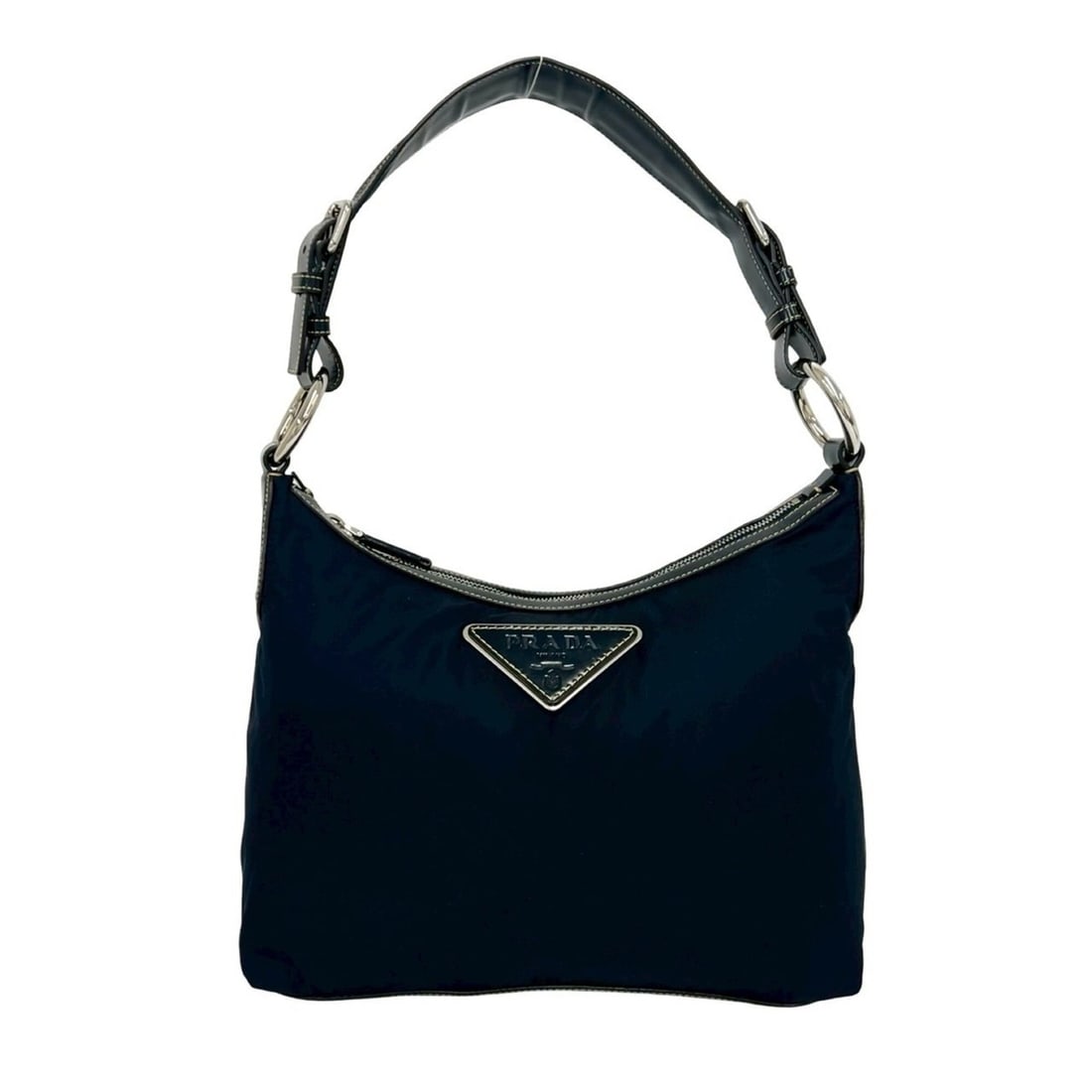 PRADA Triangle Logo Plate Hardware Nylon Leather Genuine Semi One Shoulder Bag Tote Navy 27839 (1 of 14)