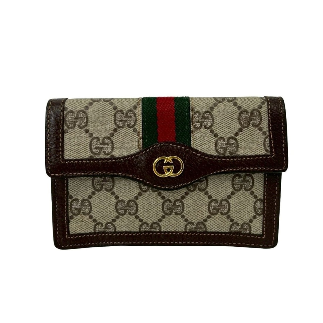 GUCCI Vintage Sherry Line GG Logo Leather Pouch (Brown, 66202): --- Catalog ---Category: SizeSize (HxWxD): 10cm x 14.5cm x 4cm / 3.93'' x 5.7'' x 1.57''Category: DesignType: PouchColor: Brown, Green, Red colorGender: WomenMaterial: Leather , PVC Category: GeneralB