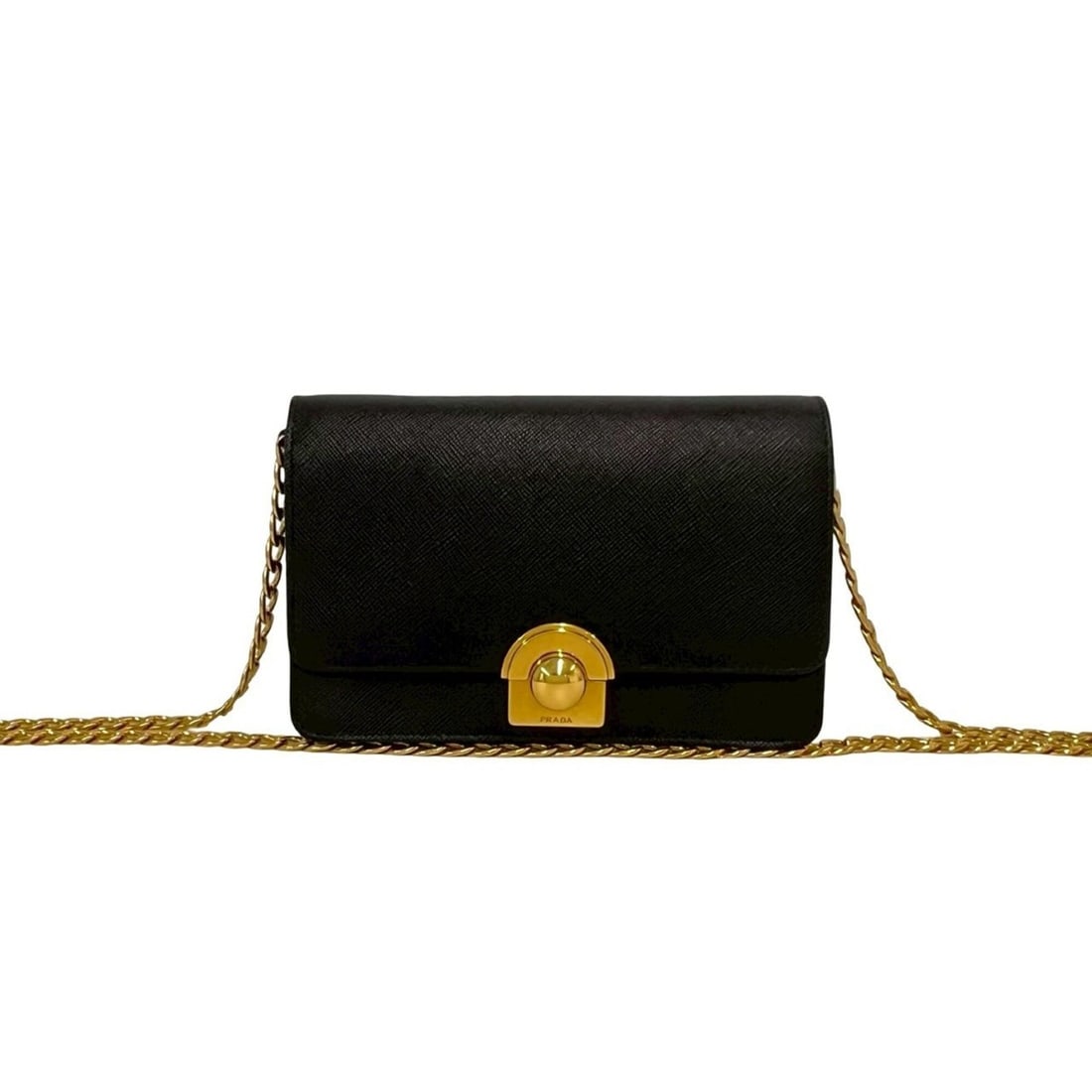 PRADA Prada Logo Hardware Saffiano Leather Genuine Chain Mini Shoulder Bag Pouch Black 52985 (1 of 11)