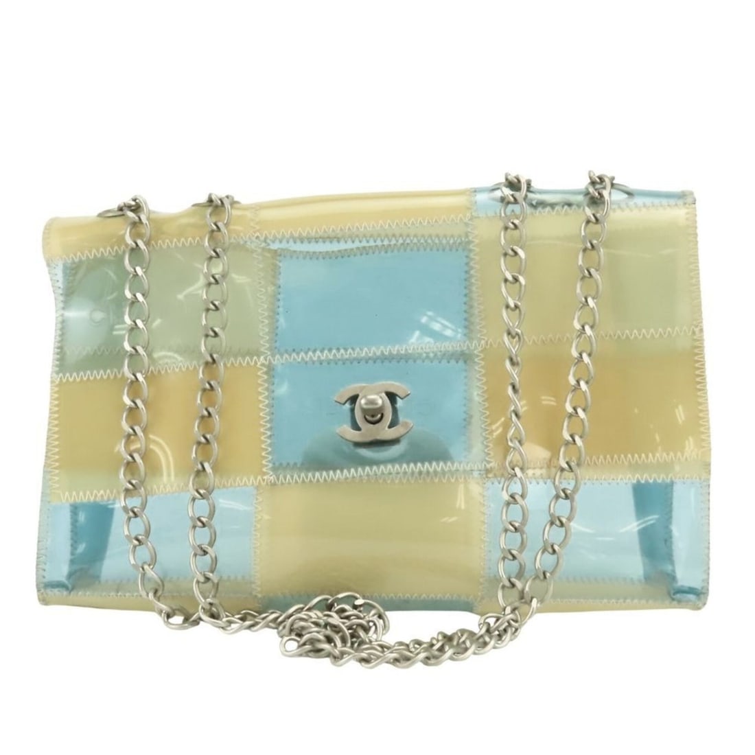 Chanel Shoulder Bag, Chocolate Bar design, Coco Mark, Vinyl, Clear Beige, Light Blue, Women's,: --- Catalog ---Category: SizeSize (HxWxD): 15.5cm x 24.5cm x 6cm / 6.1'' x 9.64'' x 2.36''Category: DesignType: Shoulder bagColor: Clear beigeGender: WomenMaterial: PVC Category: GeneralLine: Chocolat