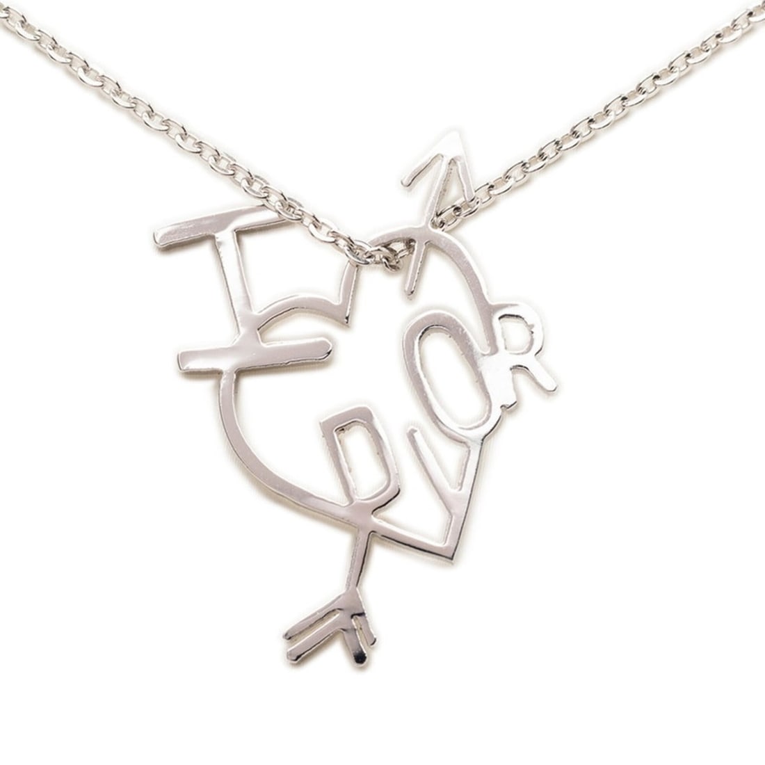 Christian Dior Dior I LOVE DIOR Heart Arrow Chain Pendant Necklace Silver Metal Women's: --- Catalog ---Category: SizePendant Size: 31.8mm x 21.8mm / 1.25'' x 0.85''Neck Circumference: 45 cm / 17.71''Category: DesignColor: SilverGender: WomenMaterial: MetalNecklace Type: Pendant