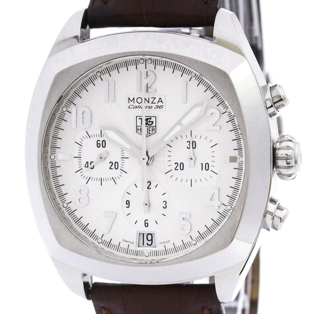 TAG HEUER Monza Calibre 36 Steel Automatic Mens Watch CR5111 Polished: --- Catalog ---Category: SizeCase Diameter: 38mm / 1.5''Category: DesignStyle: SportGender: MenColor (Dial): SilverMaterial (Band): LeatherMaterial (Case): Stainless steelCategory: GeneralLine: MonzaB