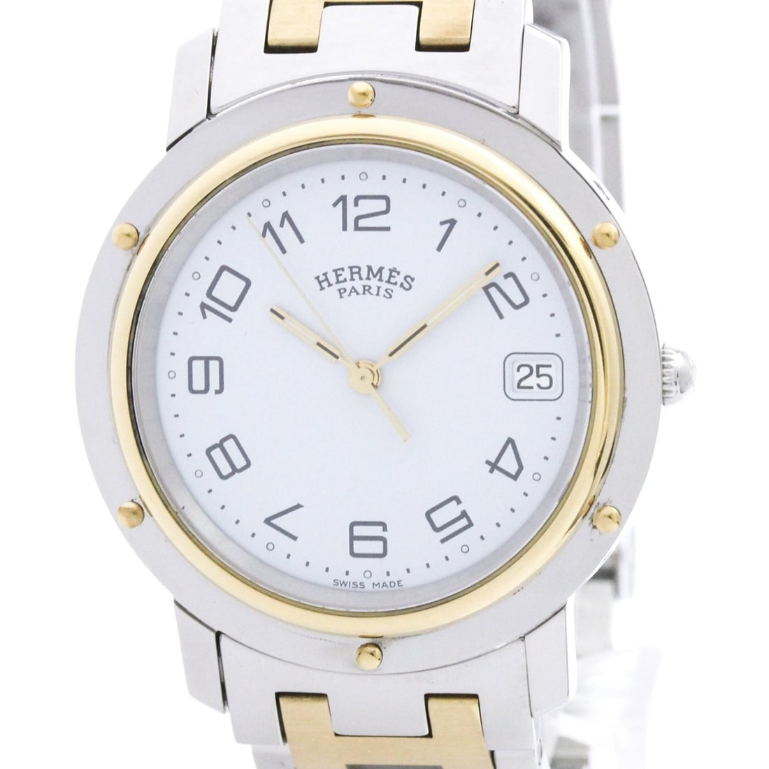 HERMES Clipper Gold Plated Steel Quartz Mens Watch CL6.720 Polished: --- Catalog ---Category: SizeCase Diameter: 36mm / 1.42''Category: DesignType: WristwatchStyle: Dress/FormalGender: MenColor (Dial): WhiteMaterial (Band): Gold plated, Stainless steelMaterial (Case): 
