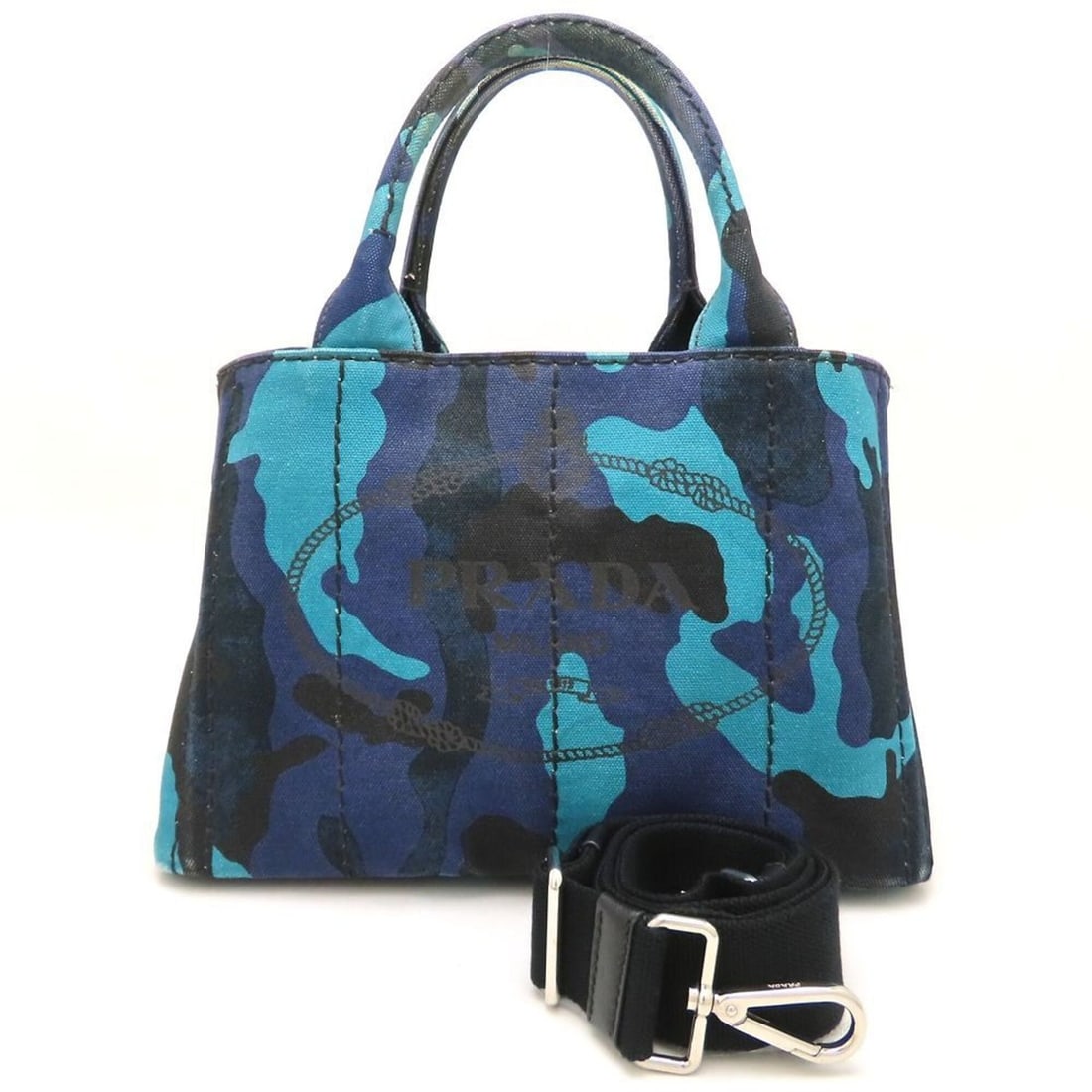 PRADA Camouflage 2-Way Tote Bag, Canvas, Blue, Women's /353297: --- Catalog ---Category: SizeSize (HxWxD): 19cm x 28.5cm x 15cm / 7.48'' x 11.22'' x 5.9''Category: DesignType: Tote bagColor: Blue, CamouflageGender: WomenMaterial: Canvas Category: GeneralMPN: 1BG43