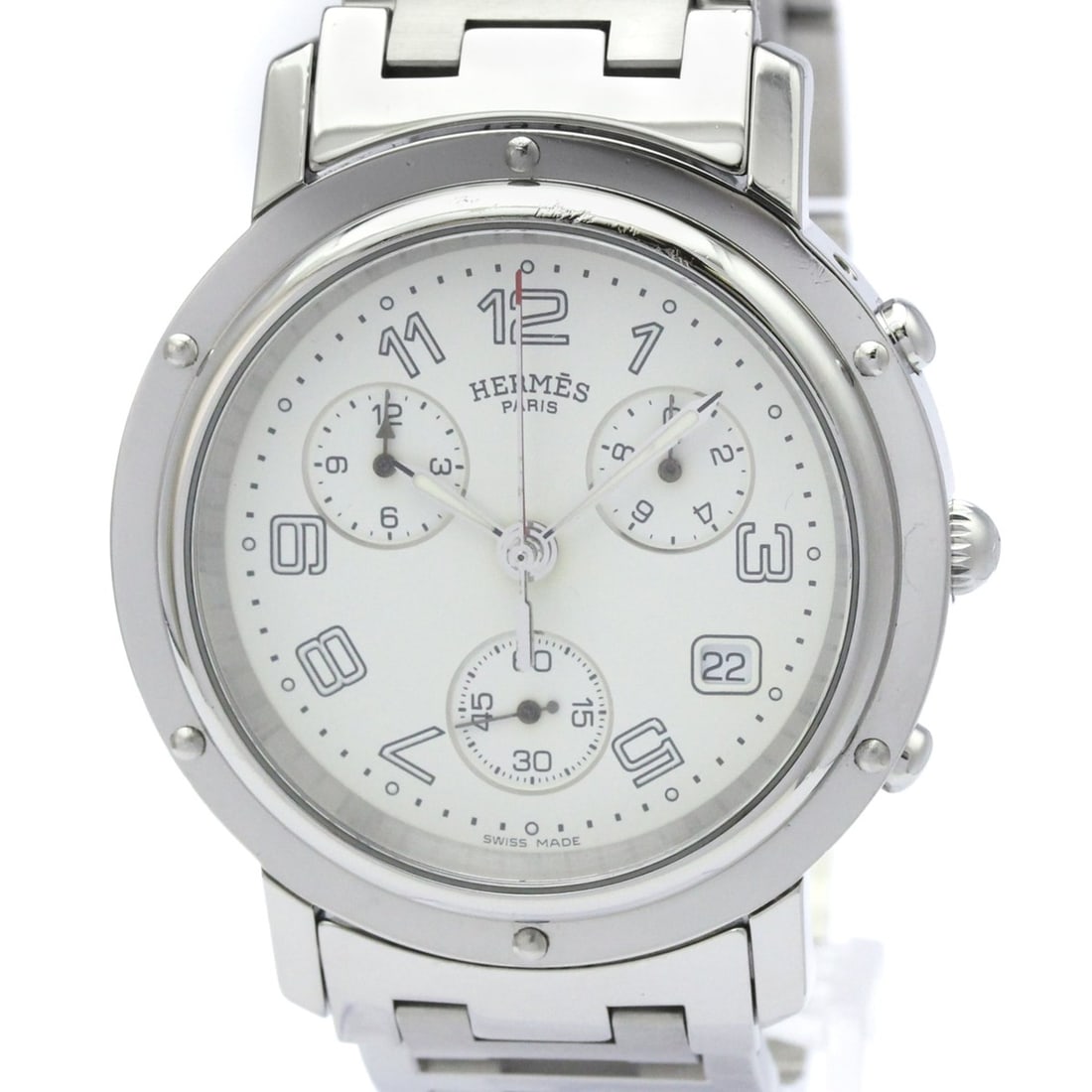 HERMES Clipper Chronograph Steel Quartz Mens Watch CL1.910 Polished: --- Catalog ---Category: SizeCase Diameter: 38mm / 1.5''Category: DesignType: WristwatchStyle: SportGender: MenColor (Dial): WhiteMaterial (Band): Stainless steelMaterial (Case): Stainless steelCatego