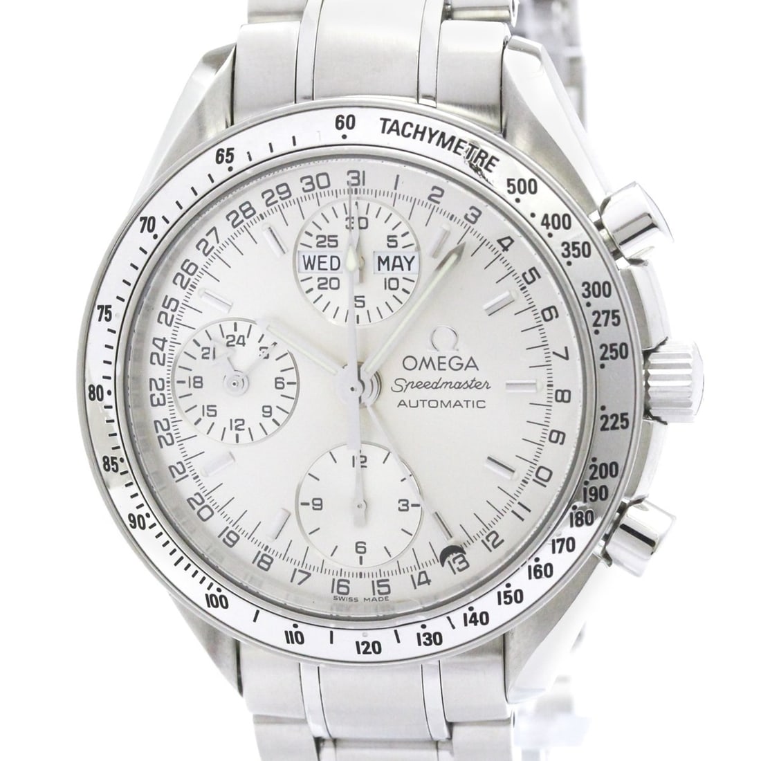 OMEGA Speedmaster Triple Date Steel Automatic Watch 3523.30 Polished: --- Catalog ---Category: SizeCase Diameter: 39mm / 1.54''Category: DesignType: WristwatchStyle: SportGender: MenColor (Dial): SilverMaterial (Band): Stainless steelMaterial (Case): Stainless steelCate
