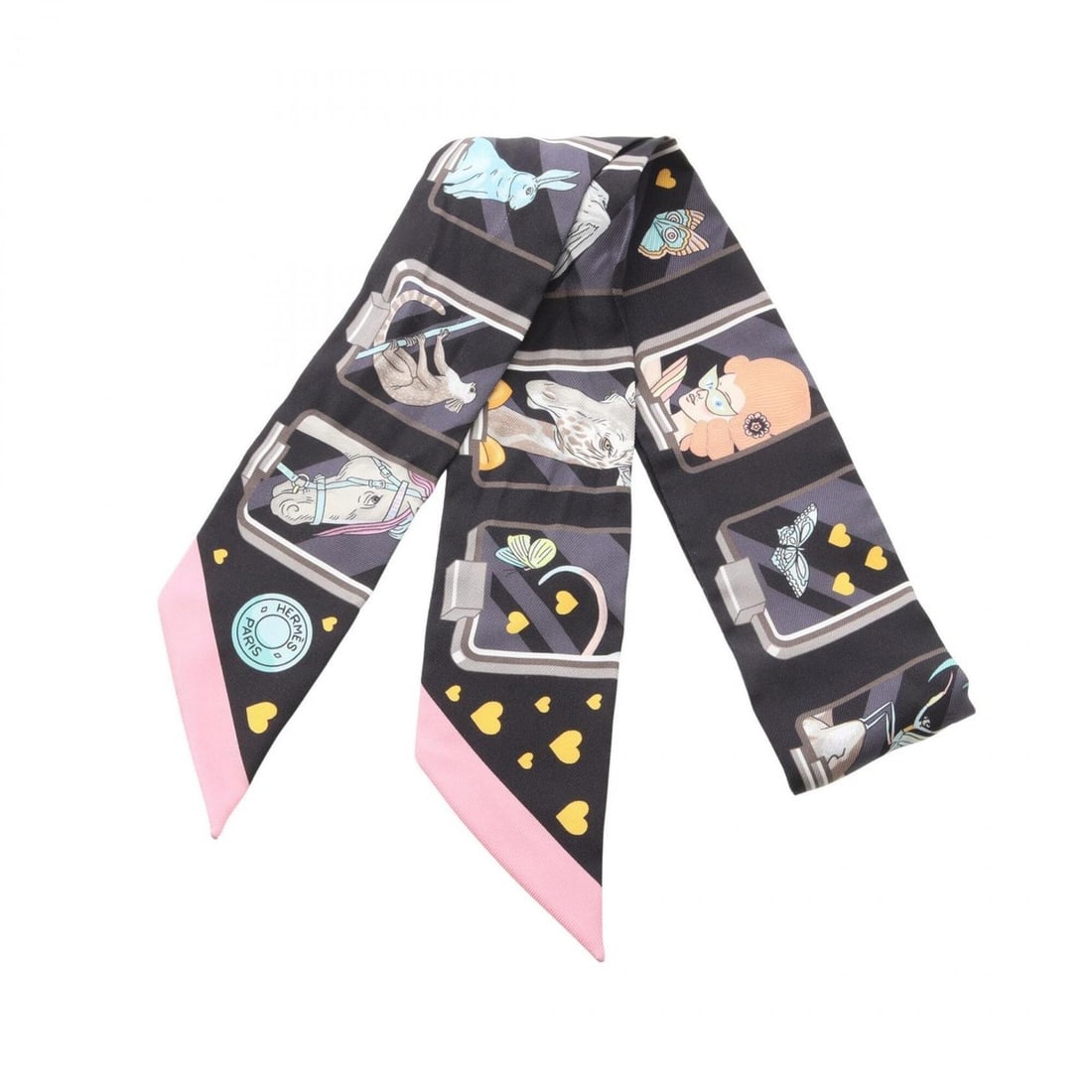 Hermes Twilly STORY Ribbon Scarf Muffler Silk Women's Black Multicolor: --- Catalog ---Category: SizeSize (LxW): 85cm x 5cm / 33.46'' x 1.96''Category: DesignType: ScarfColor: Black, Multi-colorGender: WomenMaterial: Silk Category: GeneralBrand: Hermes--- Item List ---Sec