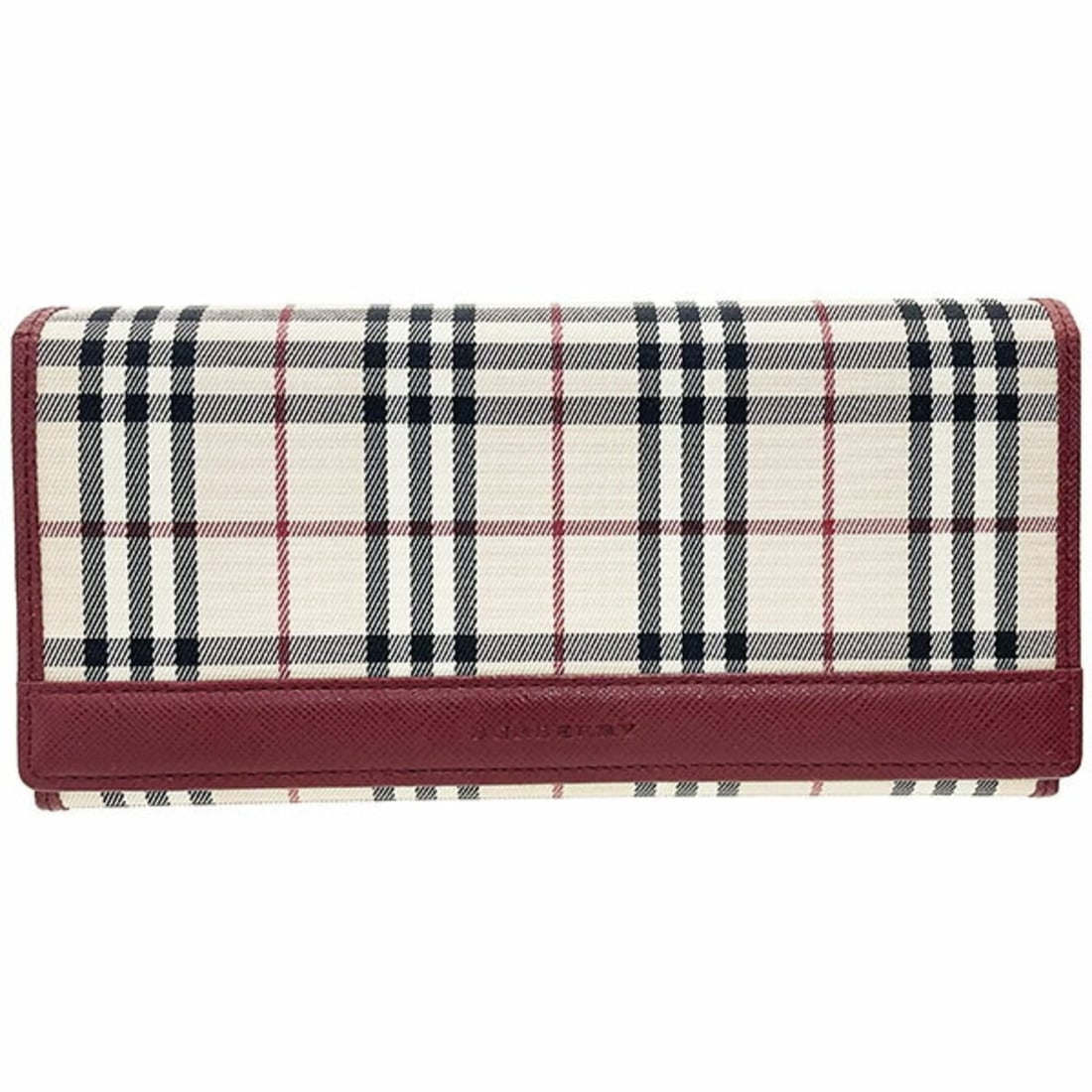 Burberry Check Long Wallet, Nylon Canvas and Leather, Beige Wine Red, Bi-fold Women's, YY-17238: --- Catalog ---Category: SizeSize (HxWxD): 9.5cm x 19cm x 2.3cm / 3.74'' x 7.48'' x 0.9''Category: DesignType: Long wallet (bi-fold)Color: Beige, WineGender: WomenClosure: Ball claspMaterial: Canvas ,