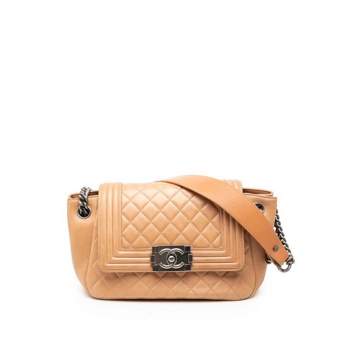 Chanel Coco Mark Boy Matelassé Chain One-Shoulder Bag, Beige Lambskin, Women's CHANEL: --- Catalog ---Category: SizeSize (HxWxD): 15cm x 28.5cm x 12cm / 5.9'' x 11.22'' x 4.72''Category: DesignType: Shoulder bagColor: BeigeGender: WomenMaterial: Leather Leather/Fur Type: LambskinCategor