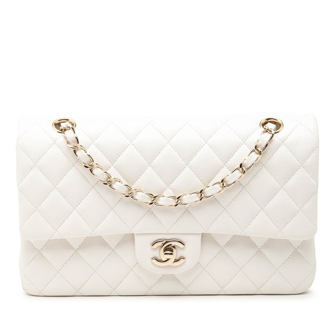 Chanel Coco Mark Matelassé 25 Double Flap Chain Shoulder Bag, White Caviar Leather, Women's CHANEL: --- Catalog ---Category: SizeSize (HxWxD): 15.5cm x 25cm x 6.5cm / 6.1'' x 9.84'' x 2.55''Category: DesignType: Shoulder bagColor: WhiteGender: WomenMaterial: Grained Calfskin Category: GeneralBrand: 