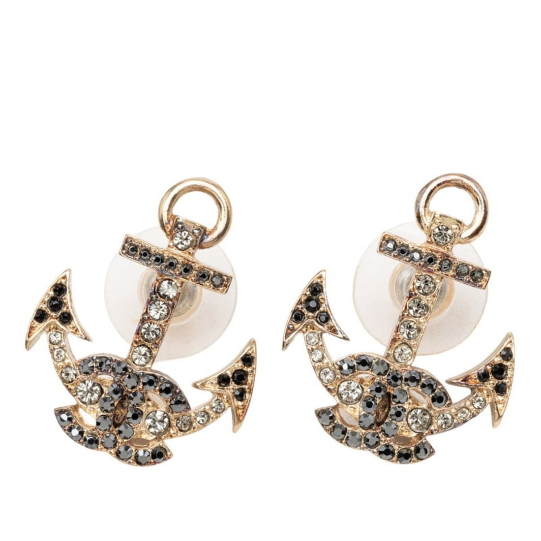 Chanel Coco Mark Anchor Motif Stud Earrings, 18A Stamped, Gold, Black Plated Rhinestones, Women's (1 of 11)
