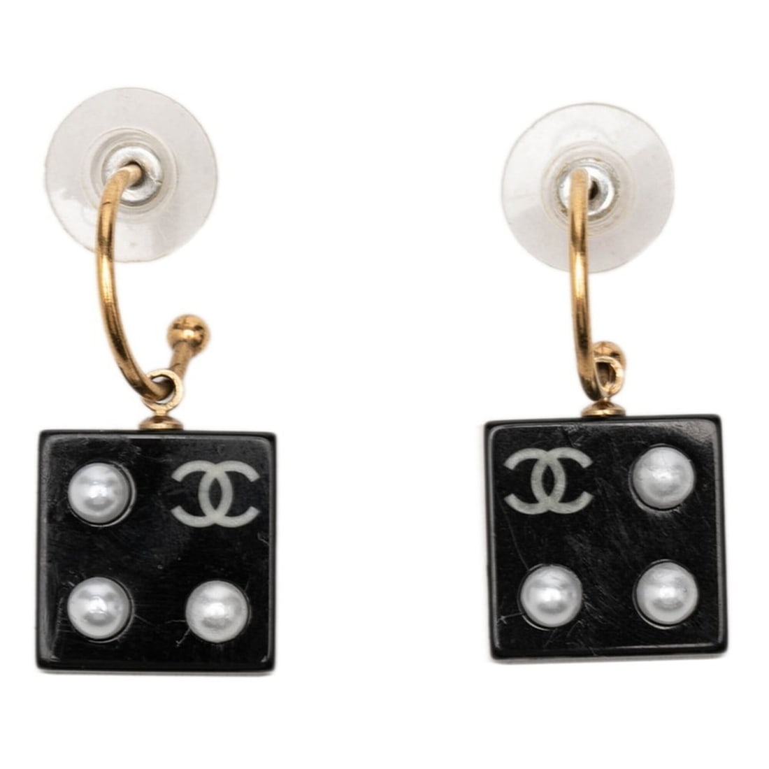 Chanel Coco Mark Earrings, Gold and Black Plated, Faux Pearl, Plastic, Women's.: --- Catalog ---Category: SizeSize (HxWxD): 15.60mm x 15.60mm / 0.61'' x 0.61''Category: DesignType: Stud earringsColor: Black, GoldStone: Artificial pearlGender: WomenMaterial: Gold plating, PlasticCa
