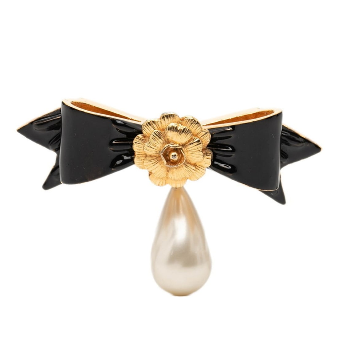 Chanel Camellia Ribbon Motif Brooch, Gold and Black Plated, Faux Pearl, Women's.: --- Catalog ---Category: SizeSize (HxWxD): 2.67cm x 6.8cm / 1.05'' x 2.67''Category: DesignType: BroochColor: Black, GoldStone: Artificial pearlGender: WomenMaterial: Gold platingCategory: GeneralBran