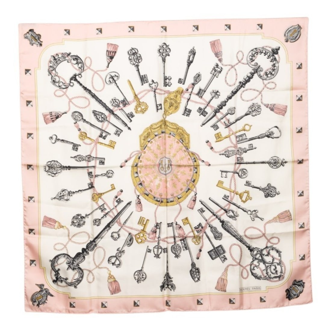 Hermes Carre 90 LES CLES Key Scarf Muffler Pink Multicolor Silk Women's HERMES: --- Catalog ---Category: SizeSize (LxW): 88.5cm x 89cm / 34.84'' x 35.03''Category: DesignType: ScarfColor: Multi-color, PinkGender: WomenMaterial: Silk Category: GeneralBrand: Hermes--- Item List ---