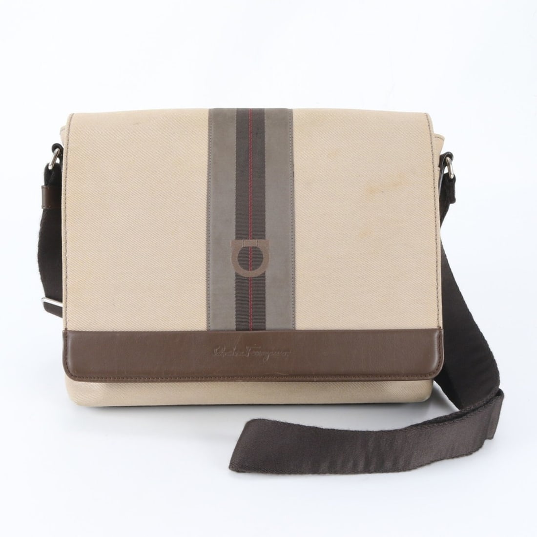 Salvatore Ferragamo Gancini Leather Canvas Shoulder Bag, Crossbody Messenger Bag for Men: --- Catalog ---Category: SizeSize (HxWxD): 25cm x 30cm x 6cm / 9.84'' x 11.81'' x 2.36''Category: DesignType: Messenger bag, Shoulder bagColor: Beige, BrownGender: MenMaterial: Leather , Canvas Catego