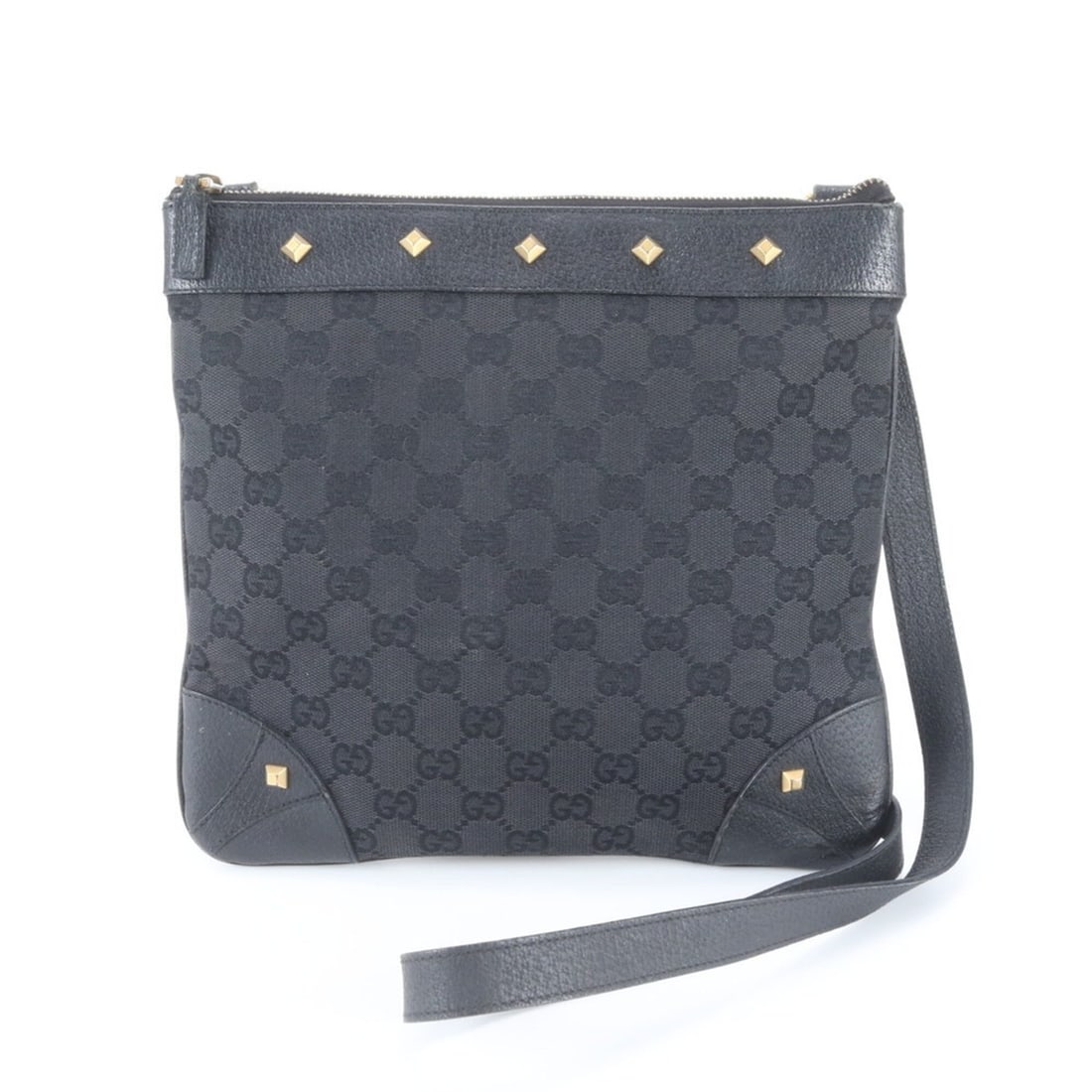 Gucci GG Canvas Studded Leather Shoulder Bag with Control Card, 120893, Black, Women's: --- Catalog ---Category: SizeSize (HxWxD): 23cm x 26cm x 2cm / 9.05'' x 10.23'' x 0.78''Category: DesignType: Shoulder bagColor: BlackGender: WomenMaterial: Leather , Canvas Category: GeneralBrand: Gu