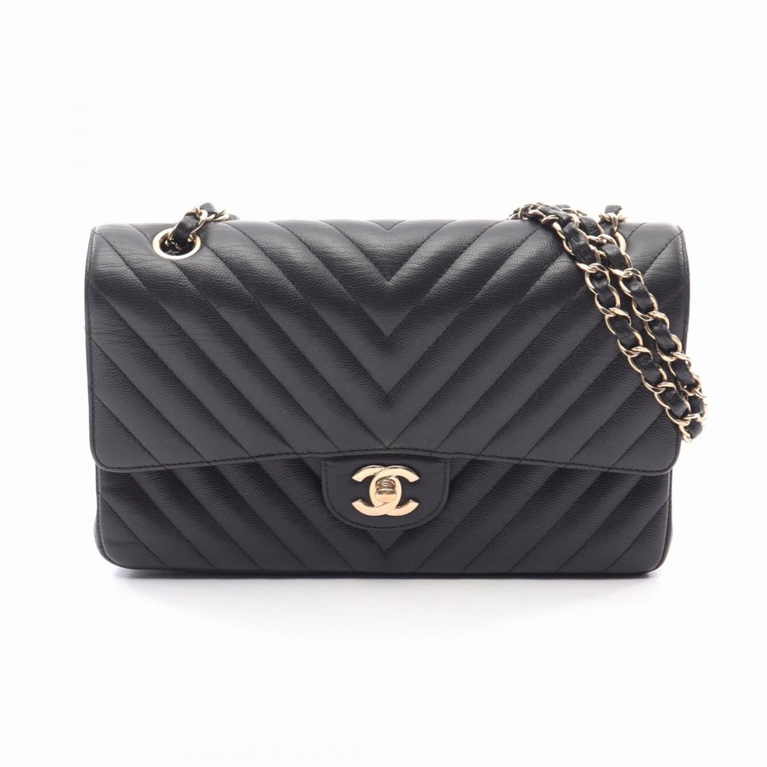 Chanel Chevron V-stitch Double Flap Shoulder Bag/Handbag, Caviar Leather (Grained Calfskin),: --- Catalog ---Category: SizeSize (HxWxD): 15cm x 25cm x 6.5cm / 5.9'' x 9.84'' x 2.55''Category: DesignType: Handbag, Shoulder bagColor: BlackGender: WomenMaterial: Grained Calfskin Category: General