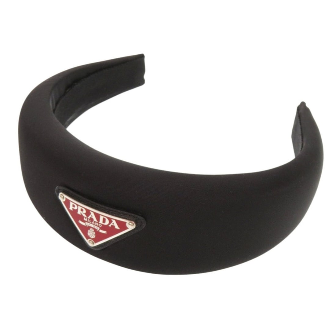 Prada headband, nylon, black, silver hardware, logo, 0628 PRADA: --- Catalog ---Category: DesignType: Alice bandColor: BlackGender: WomenMaterial: NylonCategory: GeneralBrand: PradaCountry of Origin: Italy--- Item List ---Section: ConditionRanking: Rank SA Used - H
