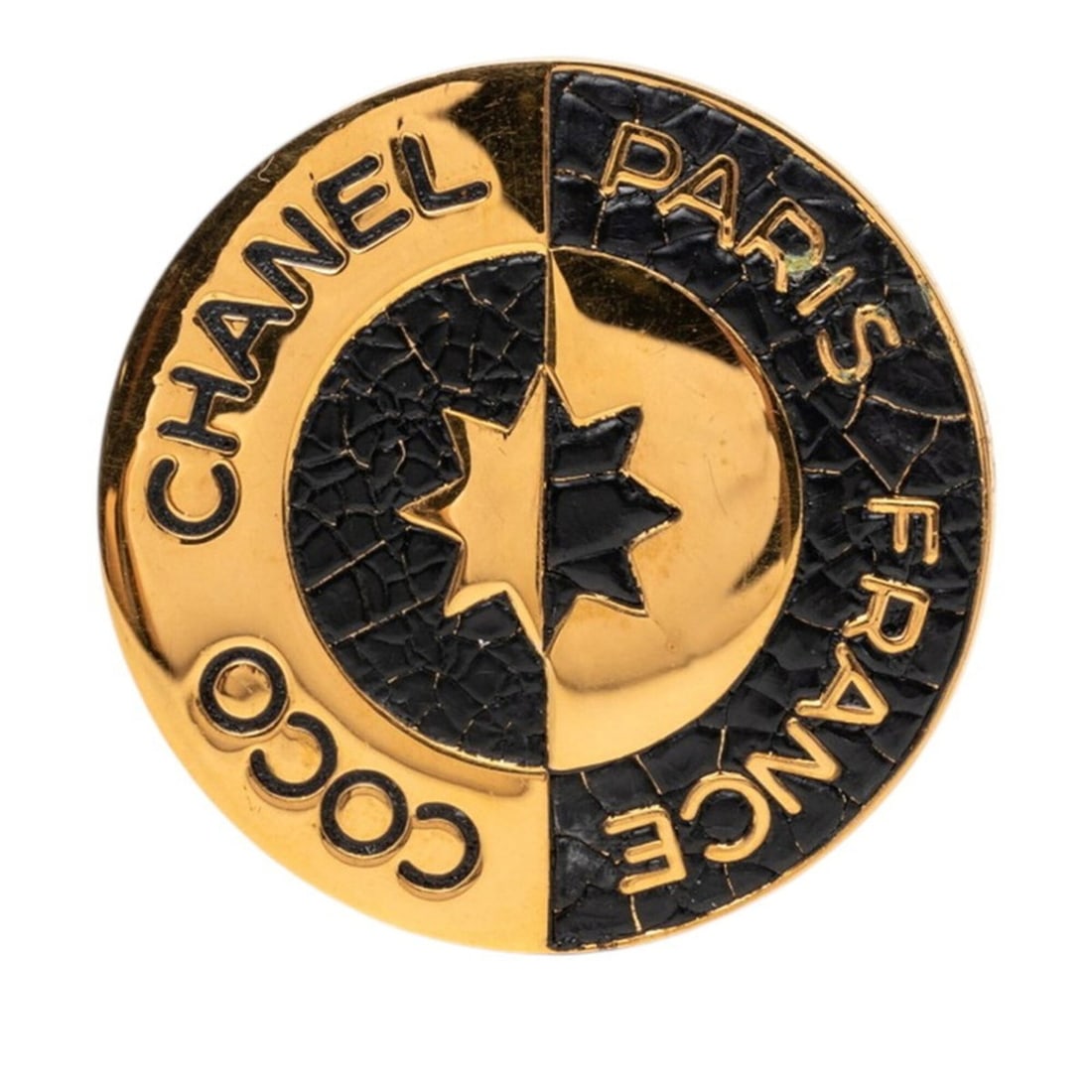 Chanel COCO Round Brooch, Gold and Black Plated, Women's.: --- Catalog ---Category: DesignType: BroochColor: BlackGender: WomenCategory: GeneralBrand: Chanel--- Item List ---Section: ConditionRanking: Rank B Used - Traces of usage, damages / dirt can be seen