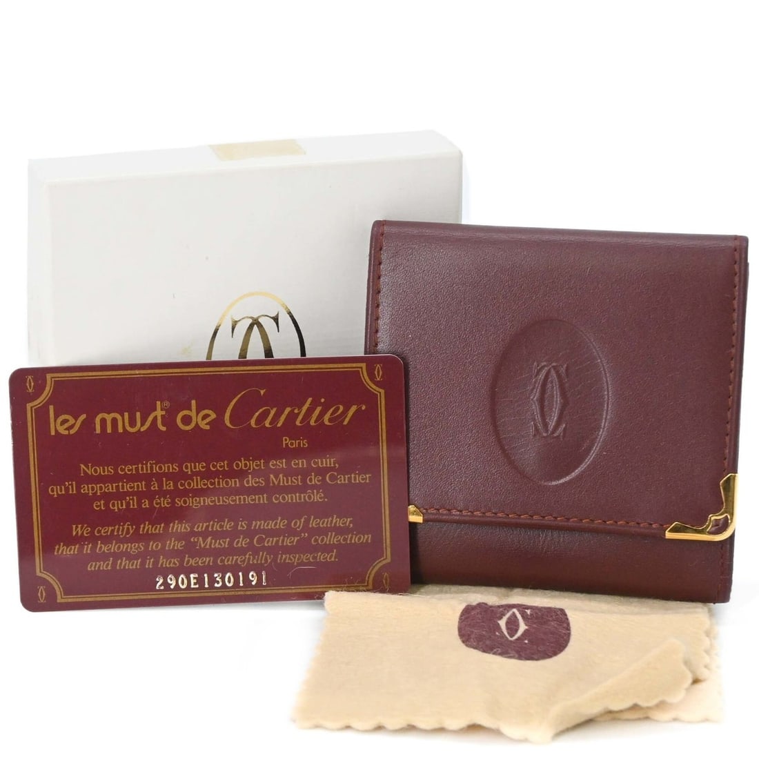 Cartier Must Line Wallet/Coin Case, Compact Leather Wallet, Women's, Bordeaux, L3000464: --- Catalog ---Category: SizeSize (HxWxD): 8cm x 8cm x 1cm / 3.14'' x 3.14'' x 0.39''Category: DesignType: Coin purse/coin caseColor: BordeauxGender: WomenMaterial: Leather Category: GeneralMPN: L3000